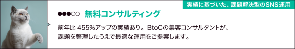 ③無料コンサルティング付き
「実績に基づいた、課題解決型のSNS運用」
前年比455％アップの実績あり。
BtoCに特化したコンサルタントが、
課題を整理したうえで最適な運用をご提案します。