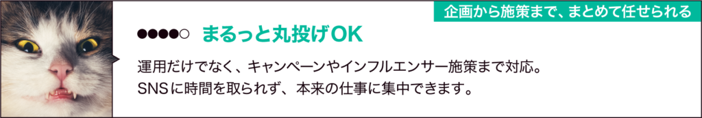 ④まるっと丸投げOK
「企画から施策まで、まとめて任せられる」
通常の投稿・企画はもちろん、
キャンペーンやインフルエンサー施策まで対応。
SNSに時間を取られず、本来の仕事に集中できます。