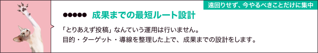 ⑤成果までの最短ルート設計
「遠回りせず、今やるべきことだけに集中」
とりあえず投稿する運用は行いません。
目的・ターゲット・導線を整理した上で、成果につながる動きだけを設計します。