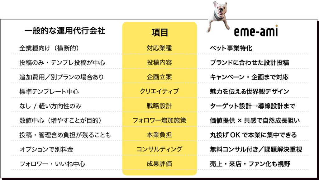 一般的な運用代行会社とeme-ami（エミアミ）のSNS運用代行に関する比較表