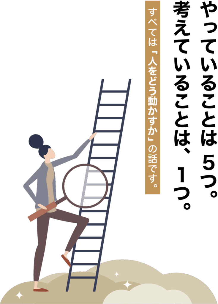 やっていることは5つ。
考えていることは1つ。
全ては「人をどう動かすか」の話です。