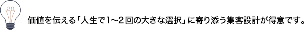 価値を伝える「人生で1～2回の大きな選択」に寄り添う集客設計が得意です。